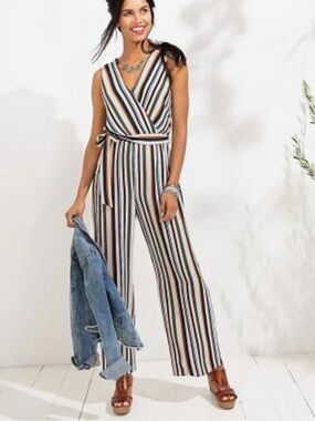 Striped Jumpsuit in Gray, Navy, Orange & Green